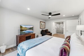 Camera da letto con un letto, una televisione, un ventilatore a soffitto, un bagno con doccia e una porta.