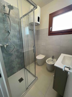 Een badkamer met een douche met glazen wand, toilet, hygiëneschaal en wastafel.