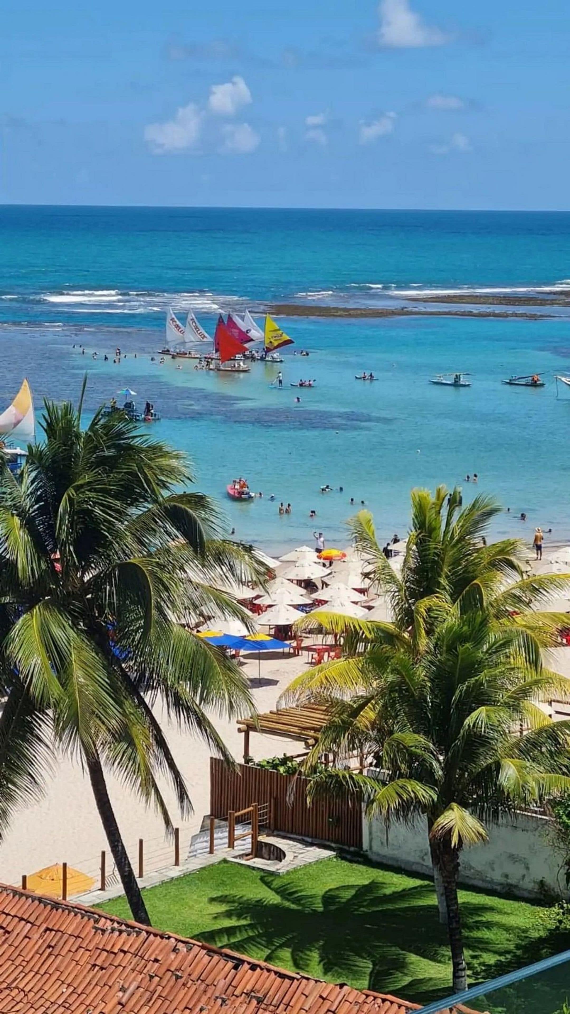 Una playa con palmeras, una orilla arenosa y un mar azul cristalino.
