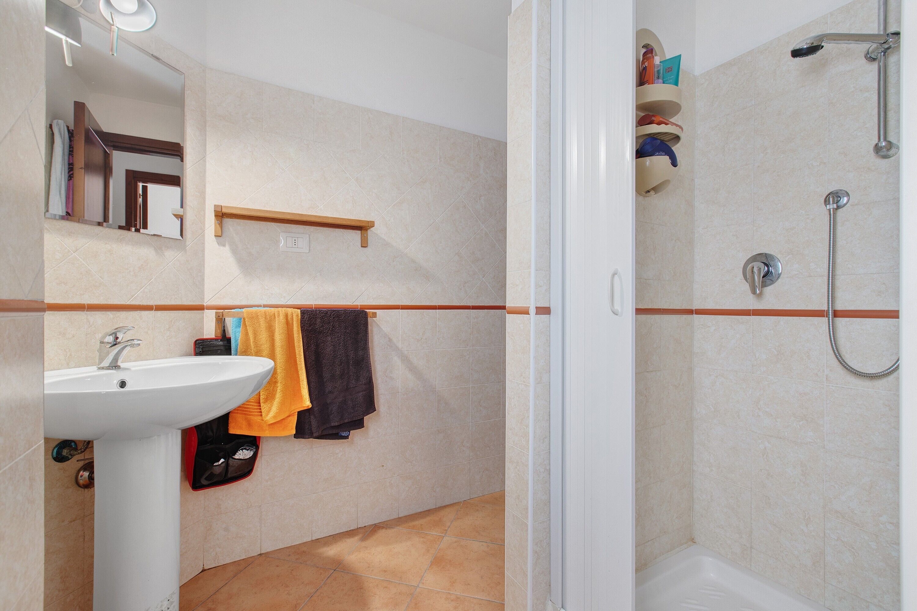 A bathroom with a sink, mirror, towel rack, shower, and a shelf with toiletries.