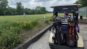 Een golfkar met een Yamaha logo, een Proximon rugzak en een Tiger embleem.