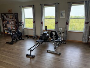 A home gym with exercise equipment, large windows, and a bookshelf. - Spacious 5-bedroom house ideal for families or fishing groups (Roosevelt)