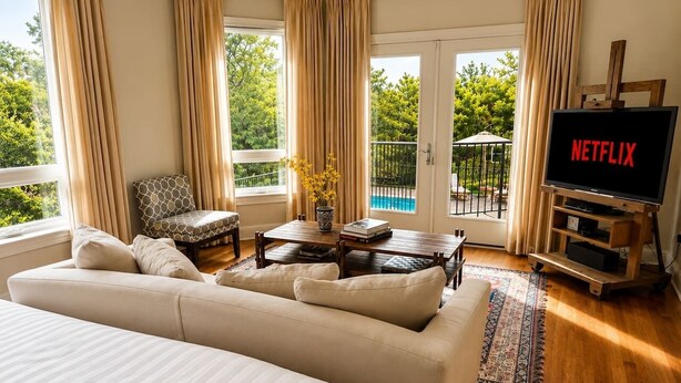 A spacious bedroom with a large bed, a sofa, a coffee table, and a TV.