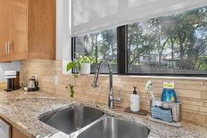 A kitchen with two stainless steel sinks, a window with a view of trees, a potted plant, and a dish soap dispenser. - Barton Springs Oasis Close to Downtown  3BR w deck (Austin)