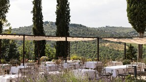 An outdoor dining area with tables and chairs, surrounded by tall trees and a view of rolling hills. - Castello di Tornano (Gaiole in Chianti)