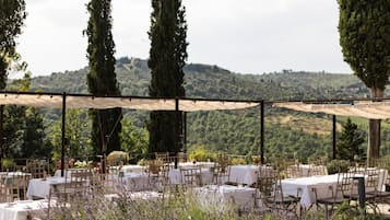 An outdoor dining area with tables and chairs, surrounded by tall trees and a view of rolling hills.