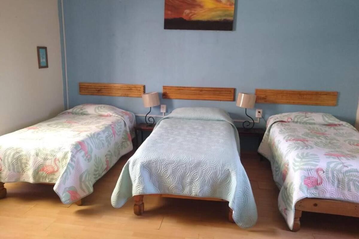 A room with three single beds, each with a wooden headboard and a patterned bedspread.