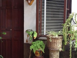 A wooden door, a window with blinds, and two potted plants. - Hostal Don Felipe  (Guadalajara)