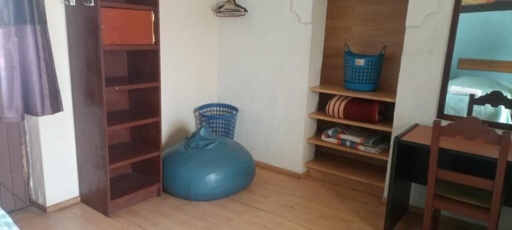 A room with a wooden floor, a blue exercise ball, a blue basket, and a wooden chair.