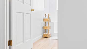Un couloir avec des portes blanches, un arbre à chat en osier et un plancher en bois.
