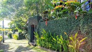 Un sendero en un jardín con seto, plantas y una estructura de piedra.