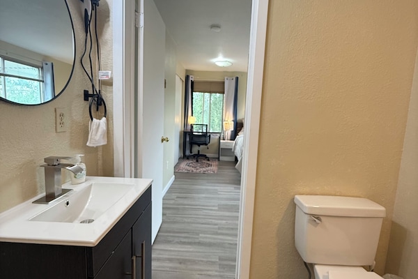 Hair dryer, towels, soap, toilet paper