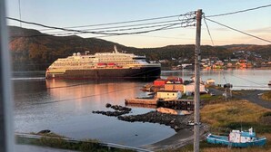 Um navio de cruzeiro atracado em um porto, com uma cidadezinha ao fundo.