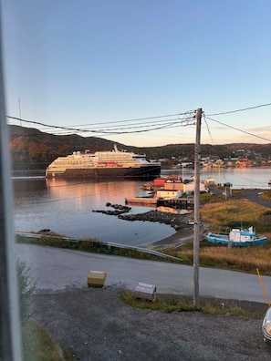 Un crucero amarrado en un puerto, con un pueblo pequeño al fondo.