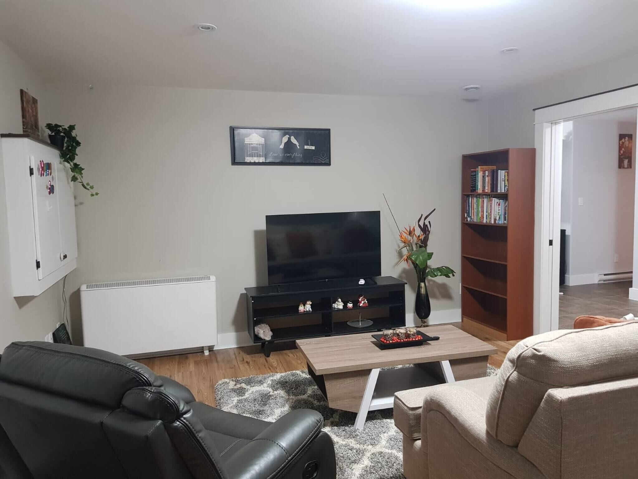 Una sala de estar con televisión, estantería, radiador y sofá.