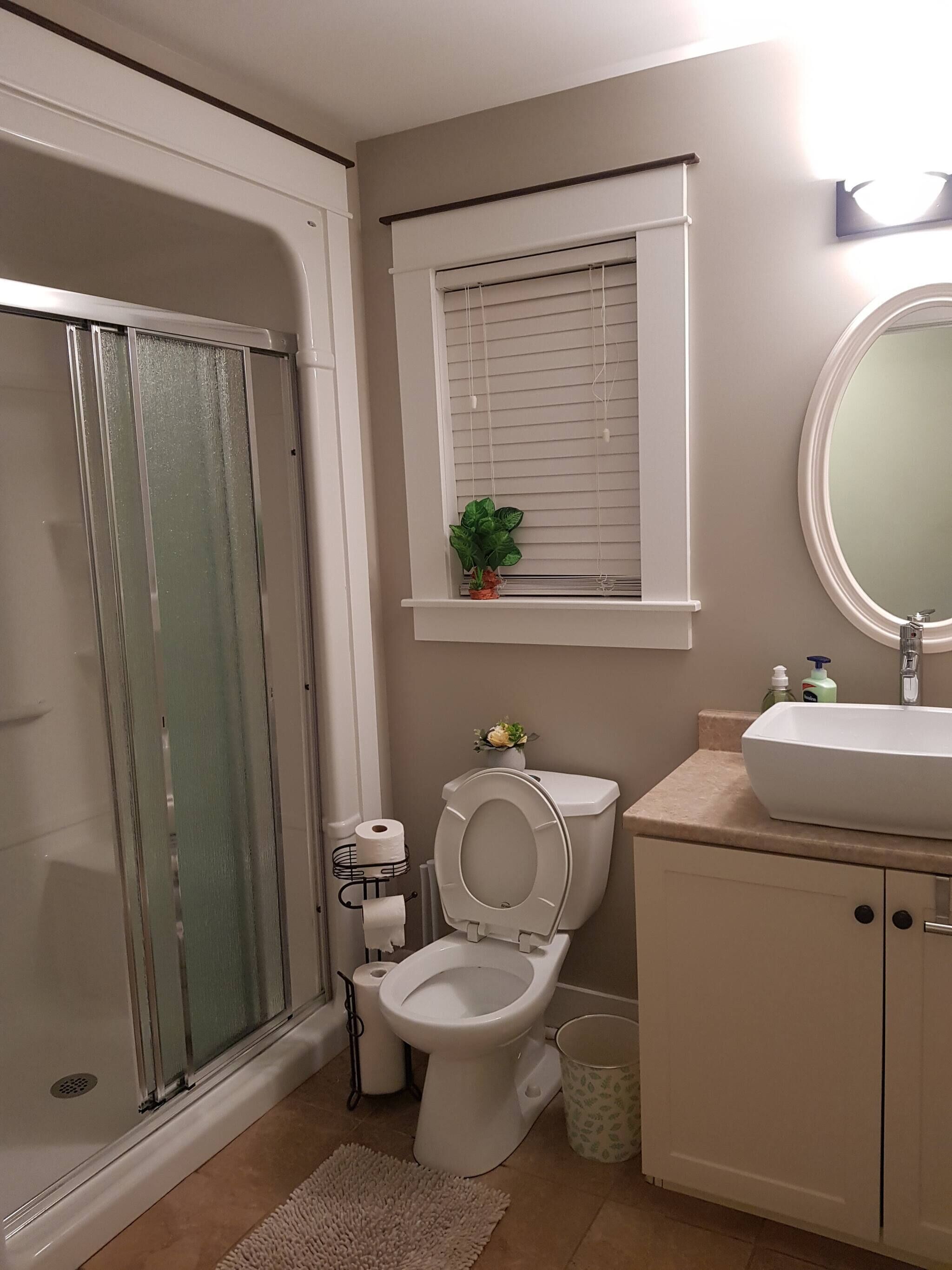 A bathroom with a shower, toilet, sink, and a window with a plant.