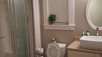 A bathroom with a shower, toilet, sink, and a window with a plant.