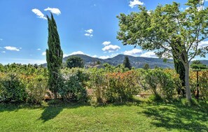 A lush garden with a variety of trees and shrubs, a well-maintained lawn, and a distant view of mountains under a clear sky. - Gorgeous home in Sollies-Pont (Sollies-Pont)