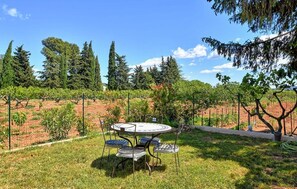 A round table with metal chairs in a grassy outdoor area with a vineyard in the background. - Gorgeous home in Sollies-Pont (Sollies-Pont)