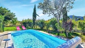 Une piscine rectangulaire à l’eau d’un bleu limpide, entourée d’une zone verdoyante avec des arbres et des arbustes.