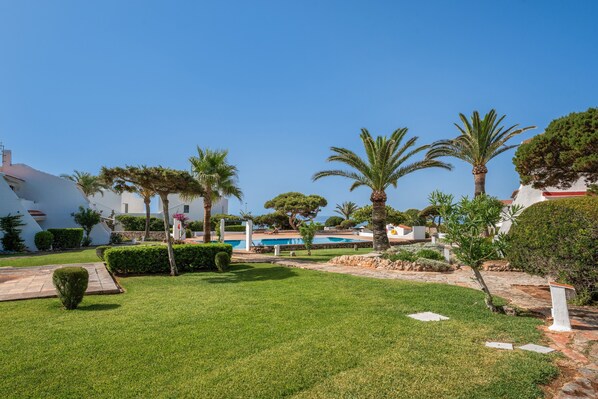 Un jardín bien cuidado con piscina, palmeras y setos podados.