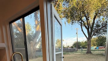 A kitchen with a sink, a window, and a door leading to an outdoor area with a tree and a fence.