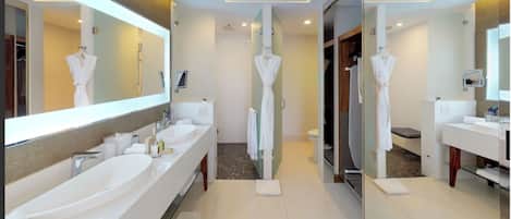 Hair dryer, bidet, towels, soap