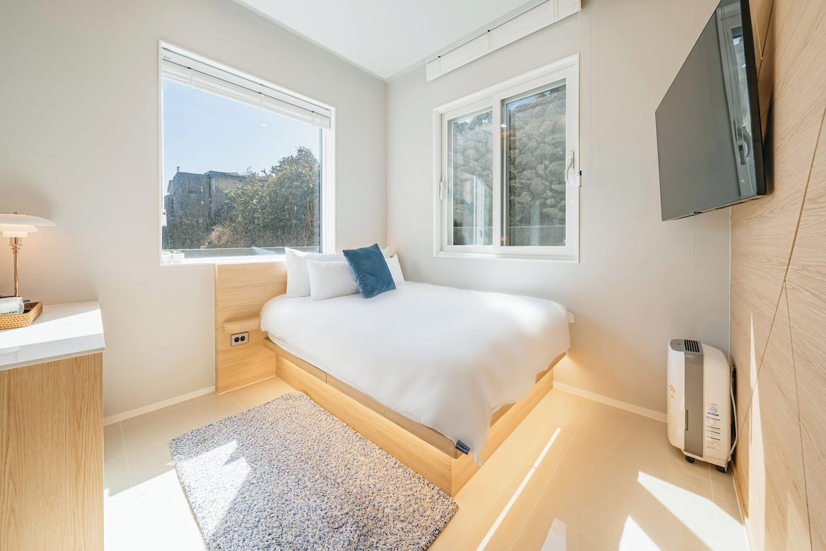 Une chambre à coucher avec un lit, une télévision, un radiateur et une fenêtre.