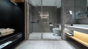 A modern bathroom with a glass shower enclosure, a toilet, and a vanity with a mirror.