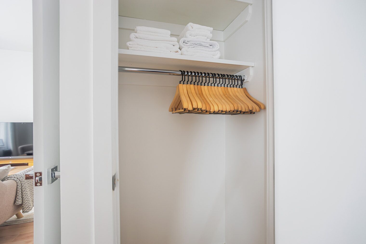 A closet with a hanging rack, folded towels, and a door.
