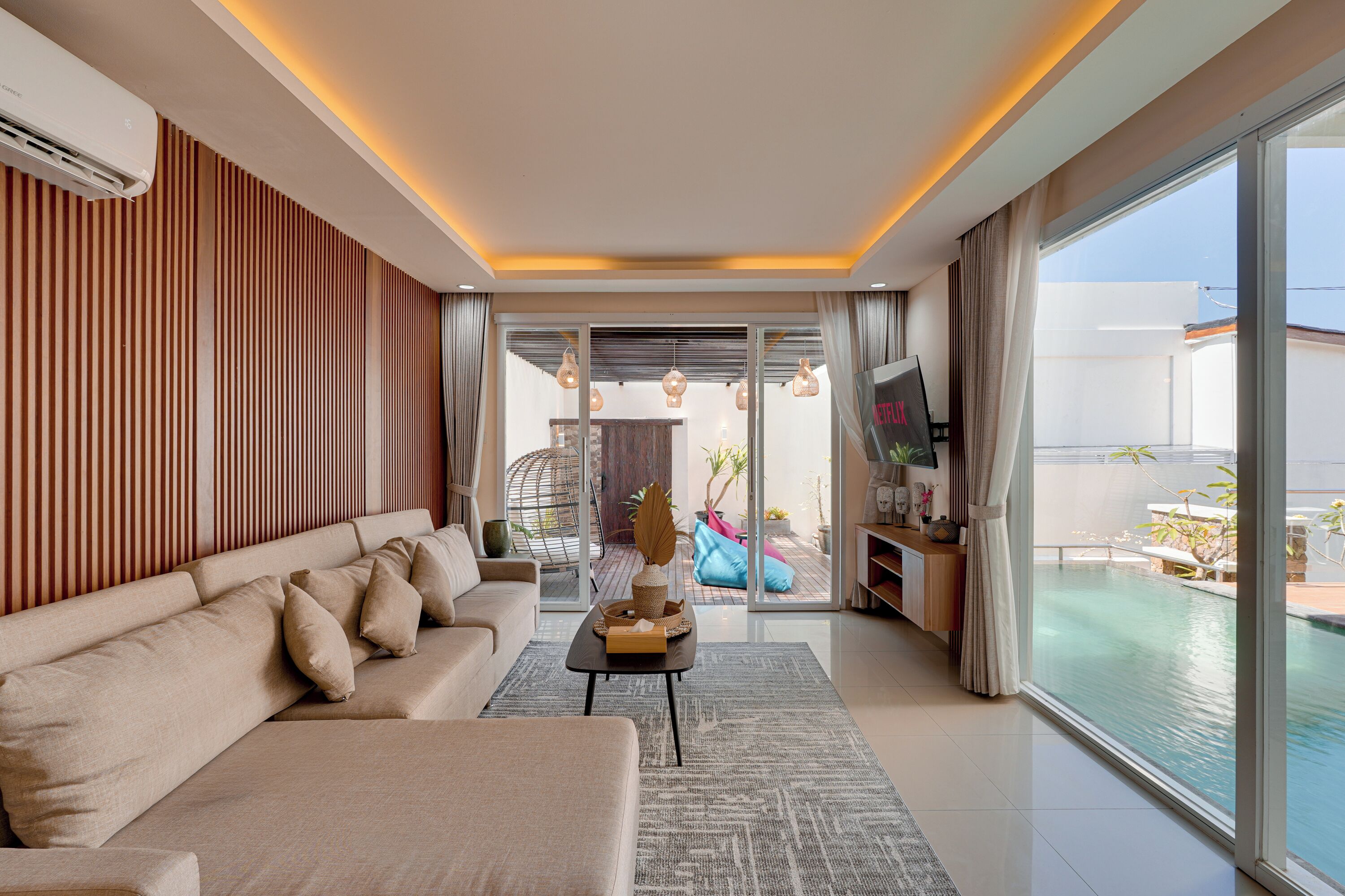 Villa, Balcony, Pool View | Living room | 55-inch Smart TV with digital channels, Netflix, streaming services