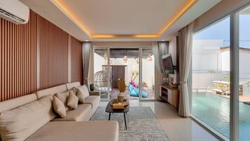 Villa, Balcony, Pool View | Living room | 55-inch Smart TV with digital channels, Netflix, streaming services