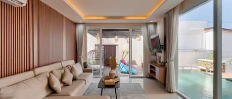 Villa, Balcony, Pool View | Living room | 55-inch Smart TV with digital channels, Netflix, streaming services
