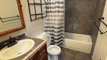 Hair dryer, towels, soap, toilet paper