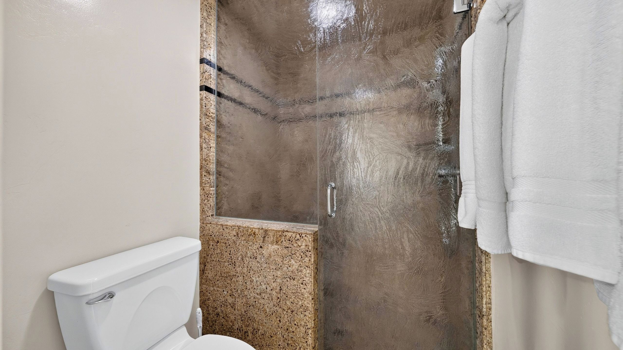 A bathroom with a toilet, a shower with a glass door, and a towel hanging on the wall.