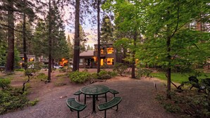 Un lodge con un edificio a due piani, immerso in una fitta foresta, con un vialetto sterrato e un tavolo da picnic.