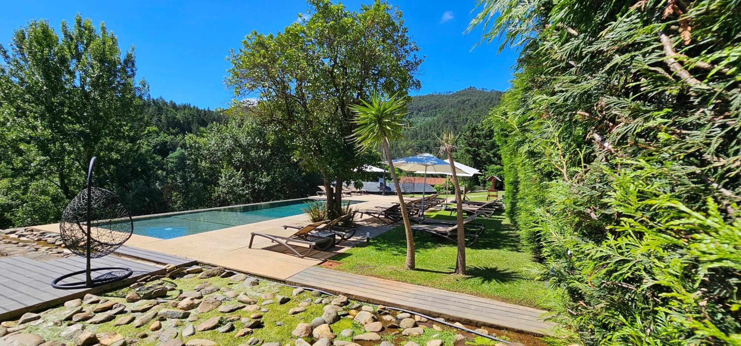 A pool area with lounge chairs and umbrellas, surrounded by trees and a mountainous backdrop.