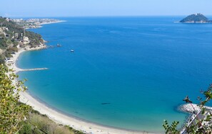 Eine Küstenansicht mit Strand, klarem blauen Wasser und einer entfernten Insel.