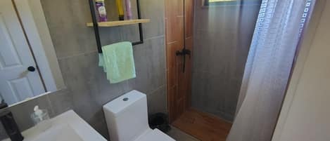 Hair dryer, towels, soap, toilet paper