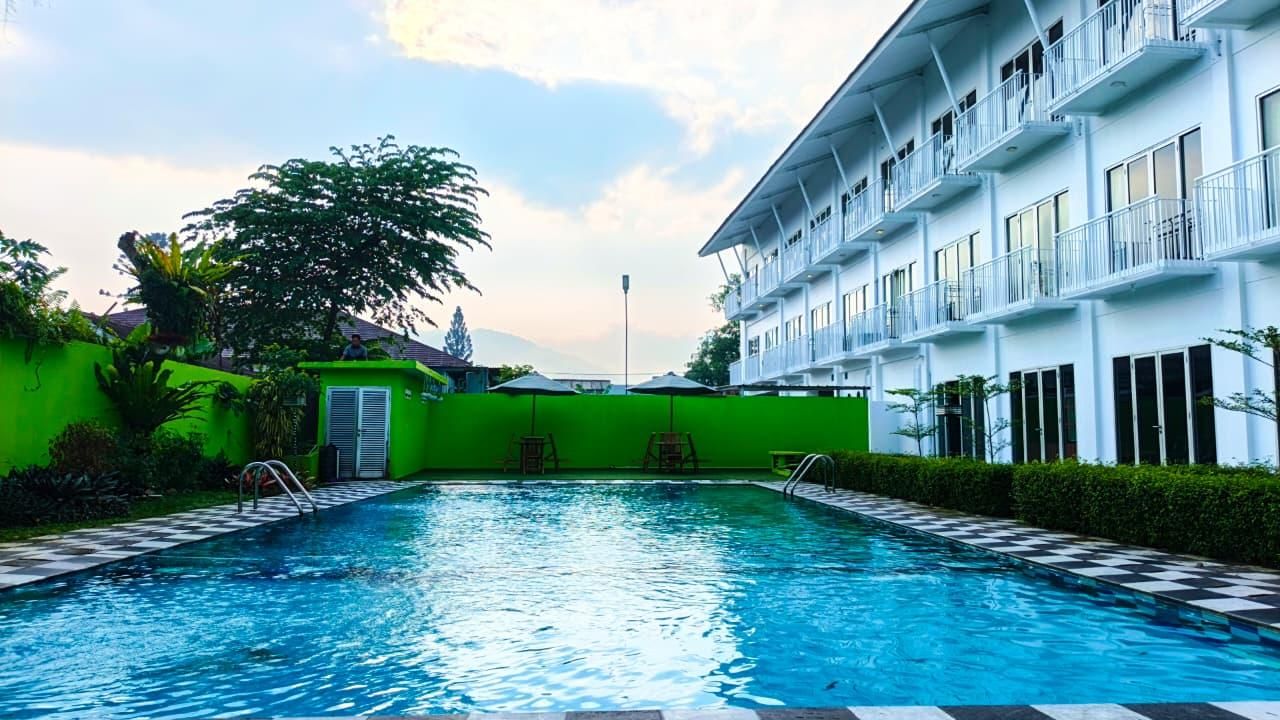 A swimming pool with a checkered border, surrounded by greenery and a white building with balconies.