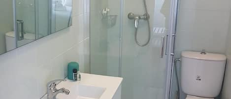 A modern bathroom with a glass-enclosed shower, a white sink with a mirror above, and a toilet.