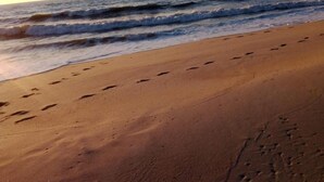 Uma praia com pegadas que levam à água.