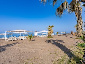 Una platja amb gandules i ombrel·les blanques, una palmera i un cel blau i clar.