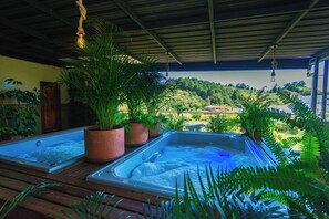 Zona de spa con dos jacuzzis, rodeada de plantas en macetas y con vistas a un paisaje pintoresco.