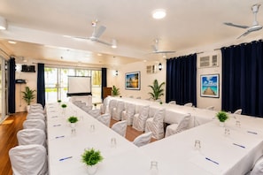 A conference room with a long table, chairs, ceiling fans, and a projector screen.