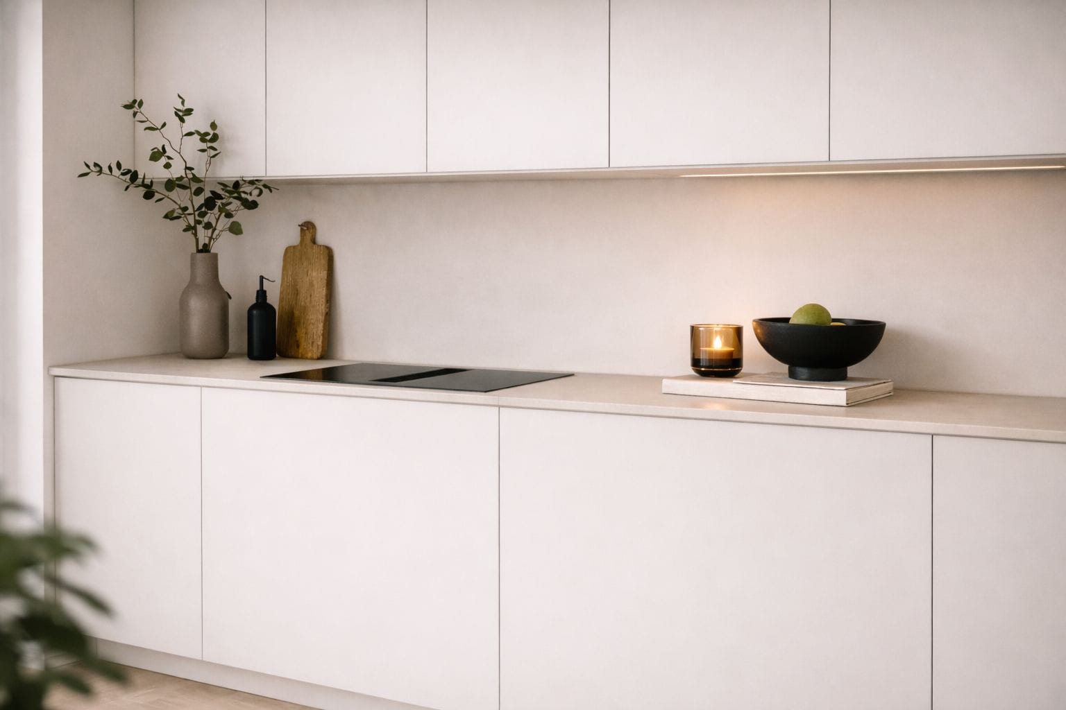 Eine moderne Küche mit weißen Schränken, einer schwarzen Arbeitsplatte, einer Vase mit grünen Blättern, einem Holzbruchbrett, einer Kerze und einer Schüssel mit Obst.