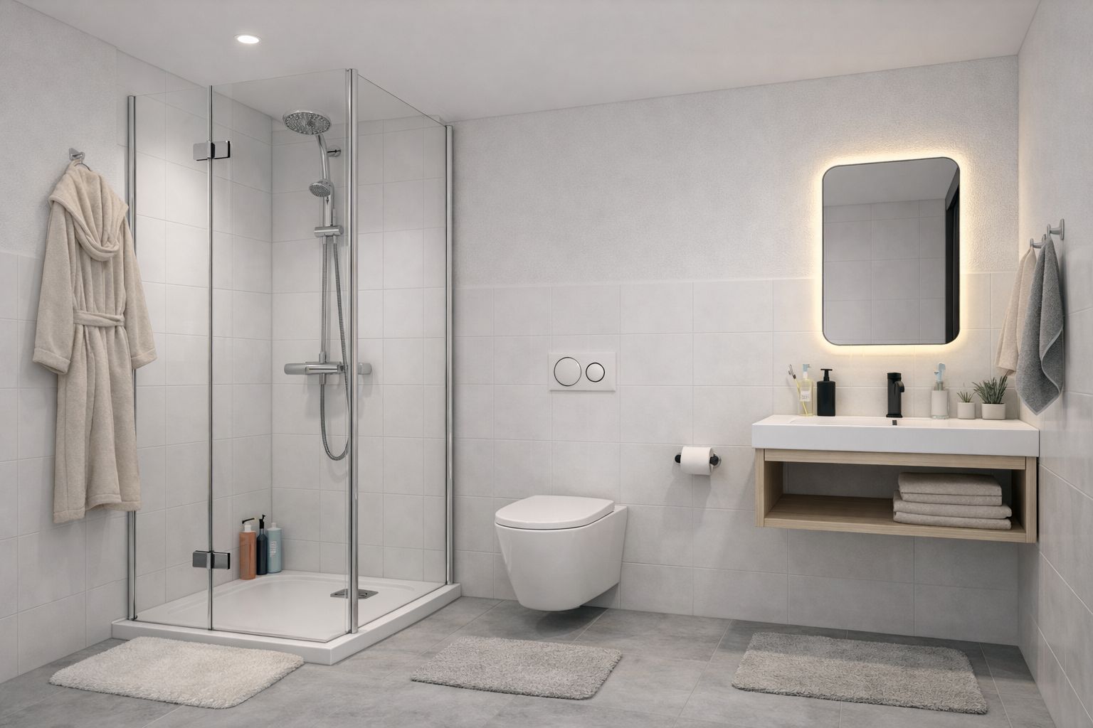 A modern bathroom with a glass-enclosed shower, a toilet, a sink with a mirror, and a towel rack.