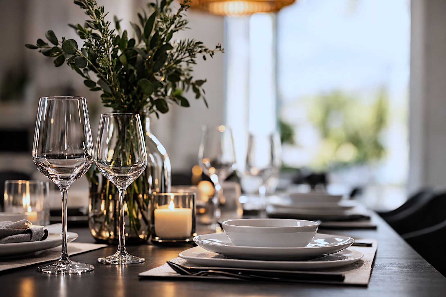Una mesa de comedor dispuesta con copas de vino, platos y velas, con un florero de follaje al fondo.