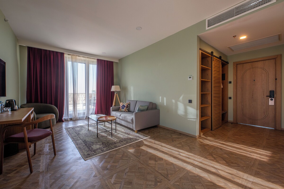 Una sala de estar con sofá, una mesa de centro, televisión, comedor con sillas, una puerta de madera y una ventana con cortinas.