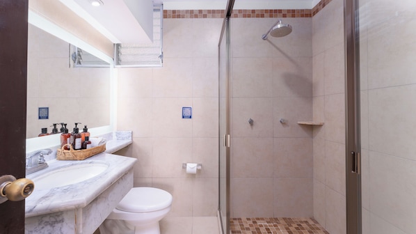 Une salle de bain équipée d’une douche, de toilettes et d’un lavabo en marbre, ainsi que de produits de toilette.